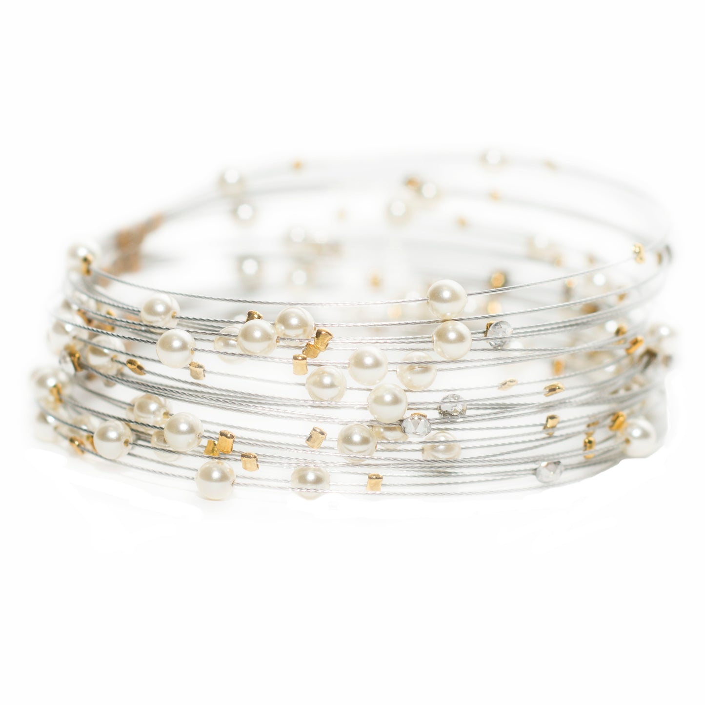 Bird's Nest Bracelet 3850: White Pearl/ Silver/ Gold