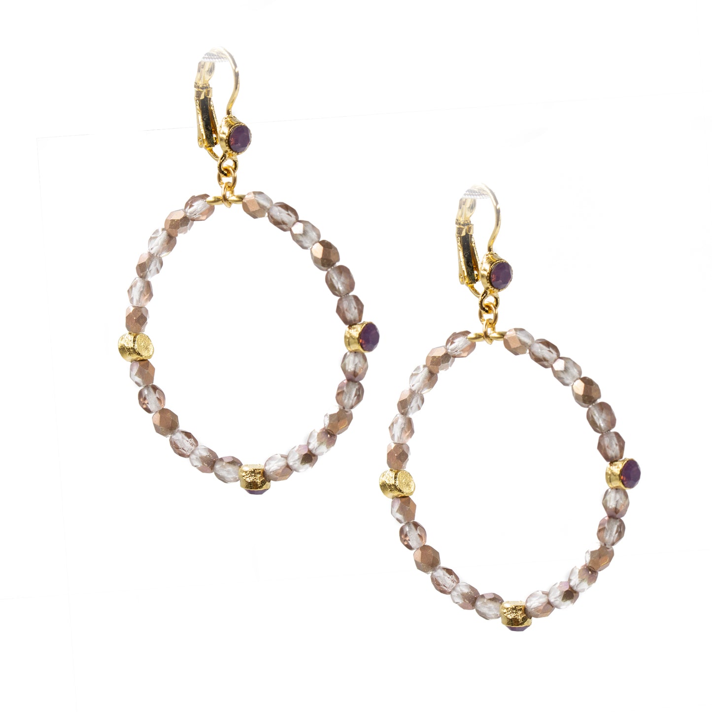 Beaded Hoop Dangle Earring 2332: Opal Amethyst/ Brown/ Gold