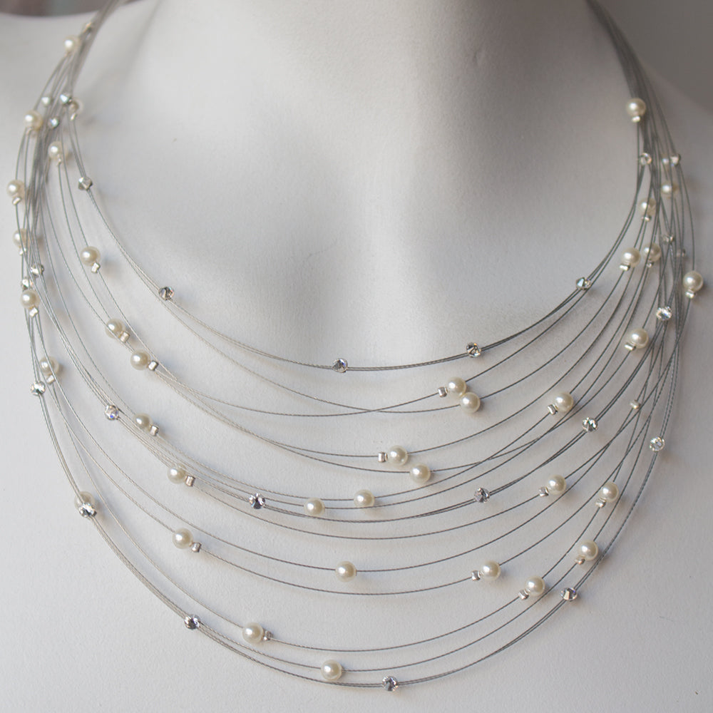 Birdsnest Necklace 8101: White Pearls - Silver Wire - Matte