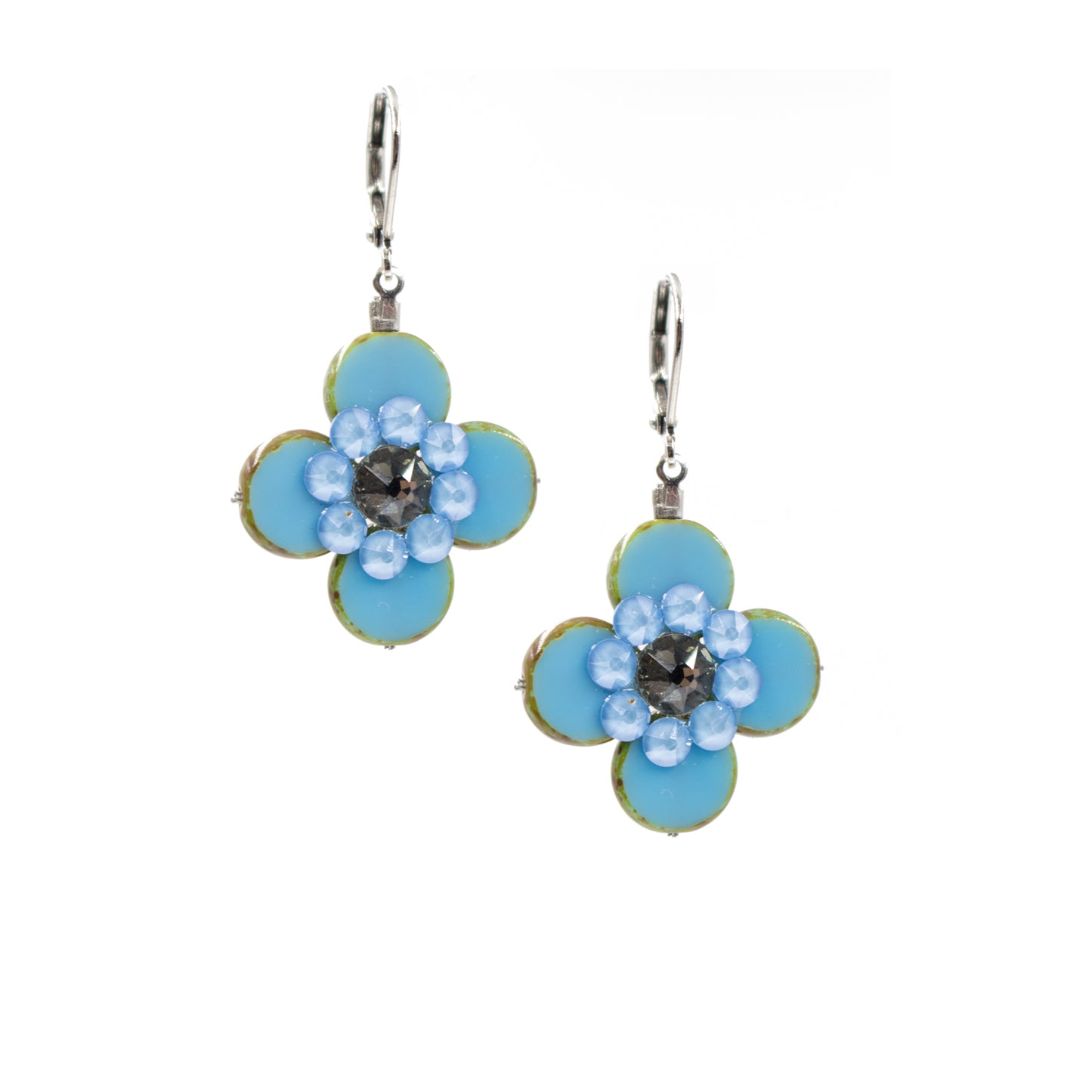 Flower Design Dangle Earring 2124: Aqua/ Silver