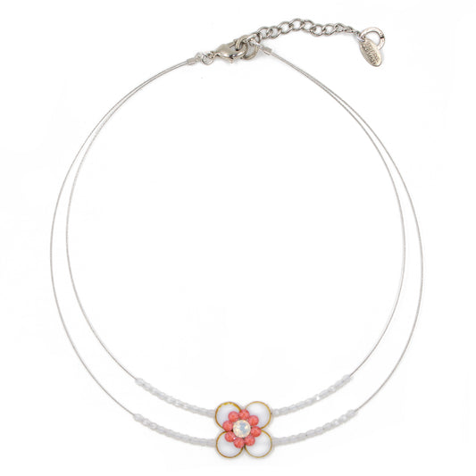 Flower Design Necklace 8487: White/ White/ Silver