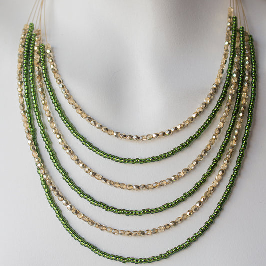 Glitzy Beaded Necklace 7974: Olive Green Gold Mixed