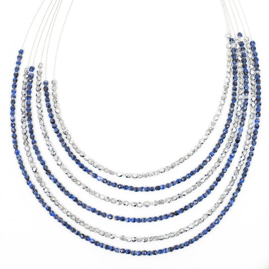 Glitzy Beaded Necklace 7974: Mixed Denim/ Half Silver